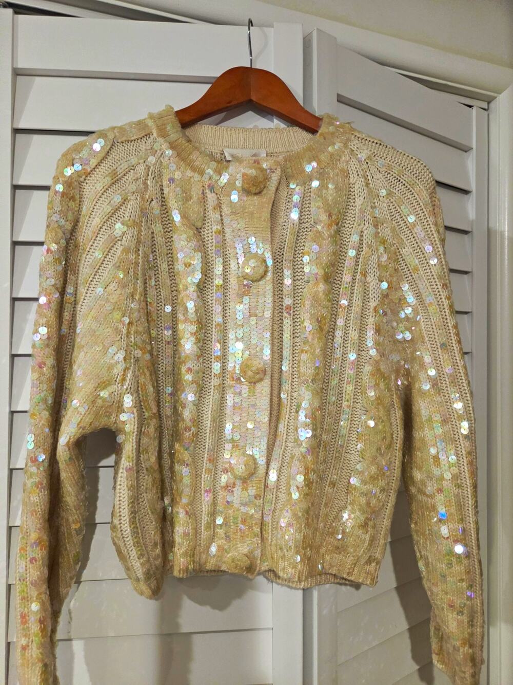 Dezine Beige Sequin Button-Front Knit Cardigan Sweater Crew Neck M